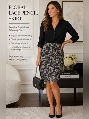 Ann Taylor Tapestry Collection - Black Floral Lace Pencil Skirt -Size 6